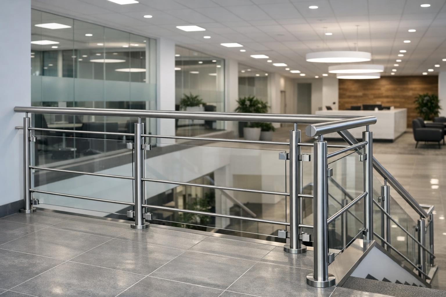Zdjęcie: balustrada ze stali nierdzewnej w nowoczesnym wnętrzu biurowym