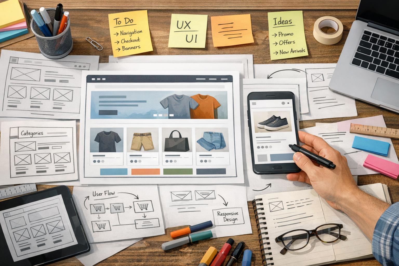 ilustracja procesu projektowania sklepu z makietami i notatkami