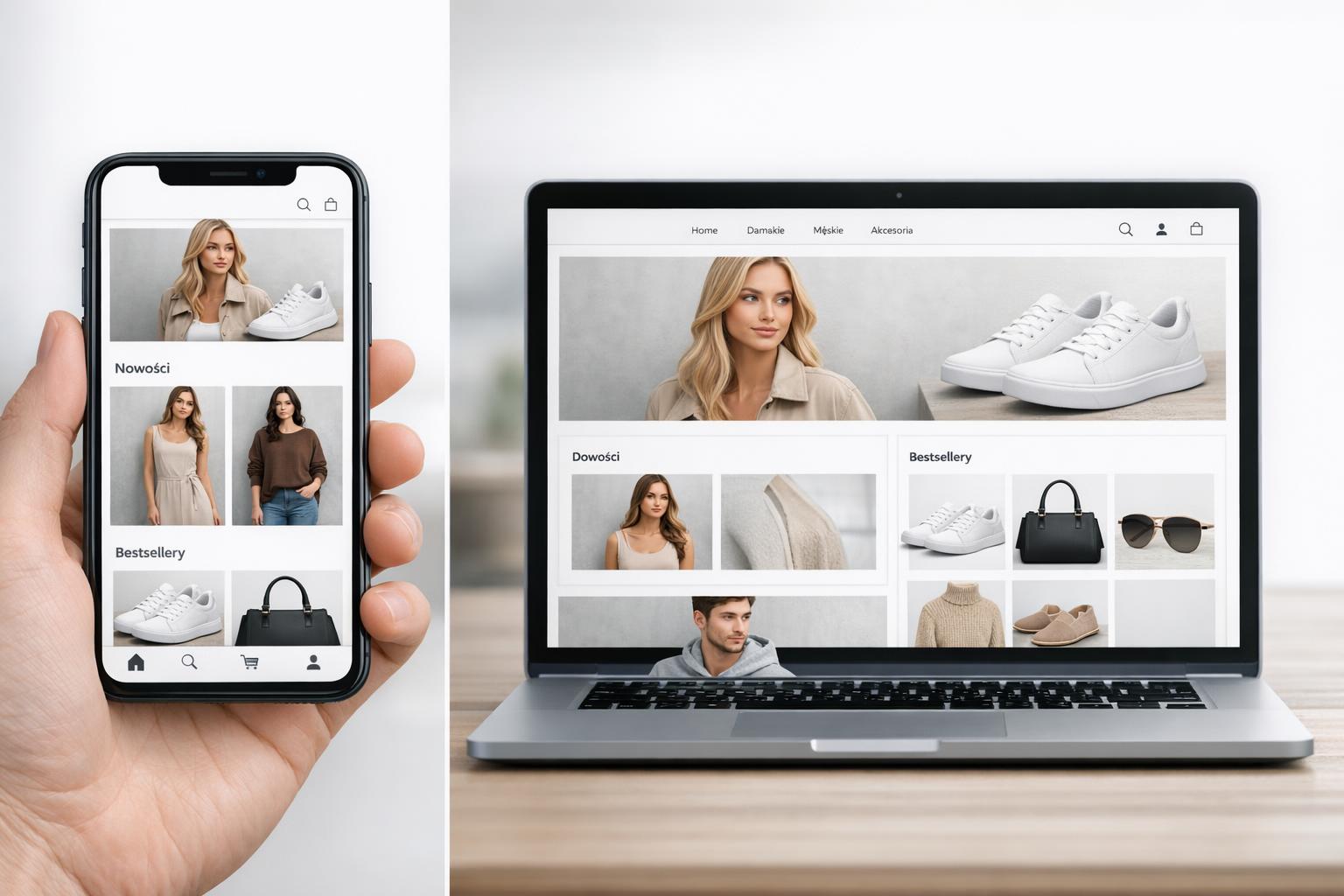 przykład responsywnego wyglądu sklepu na telefonie i komputerze